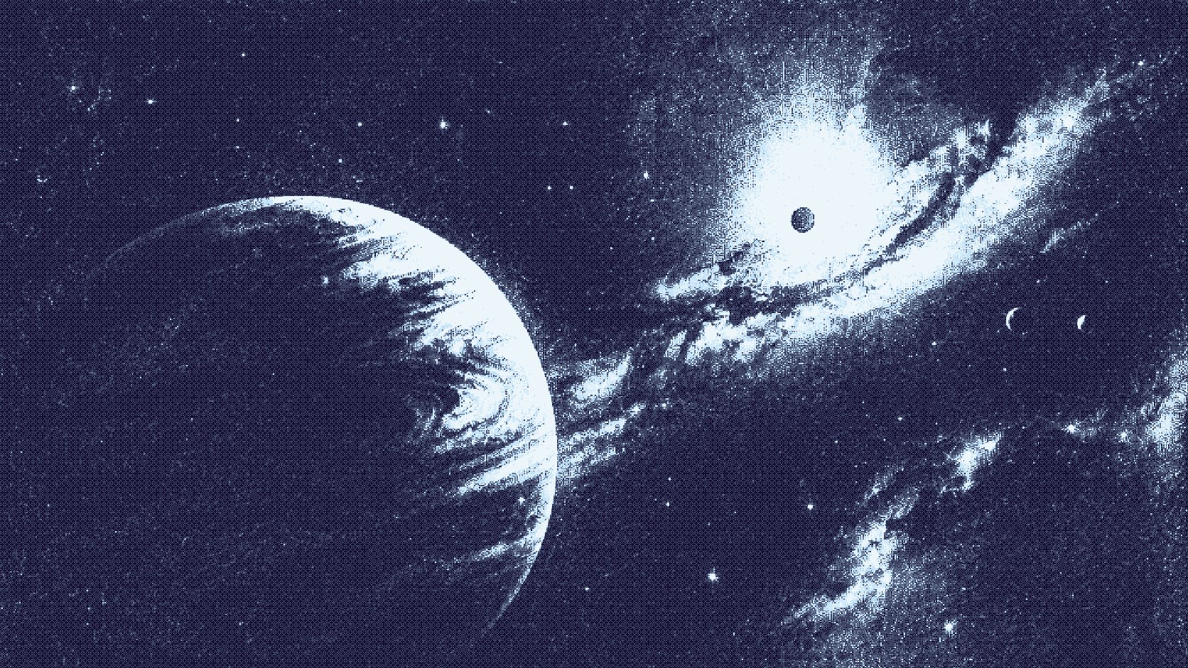 Dithered illustration of a planet in front of a luminous nebula with distant moons.