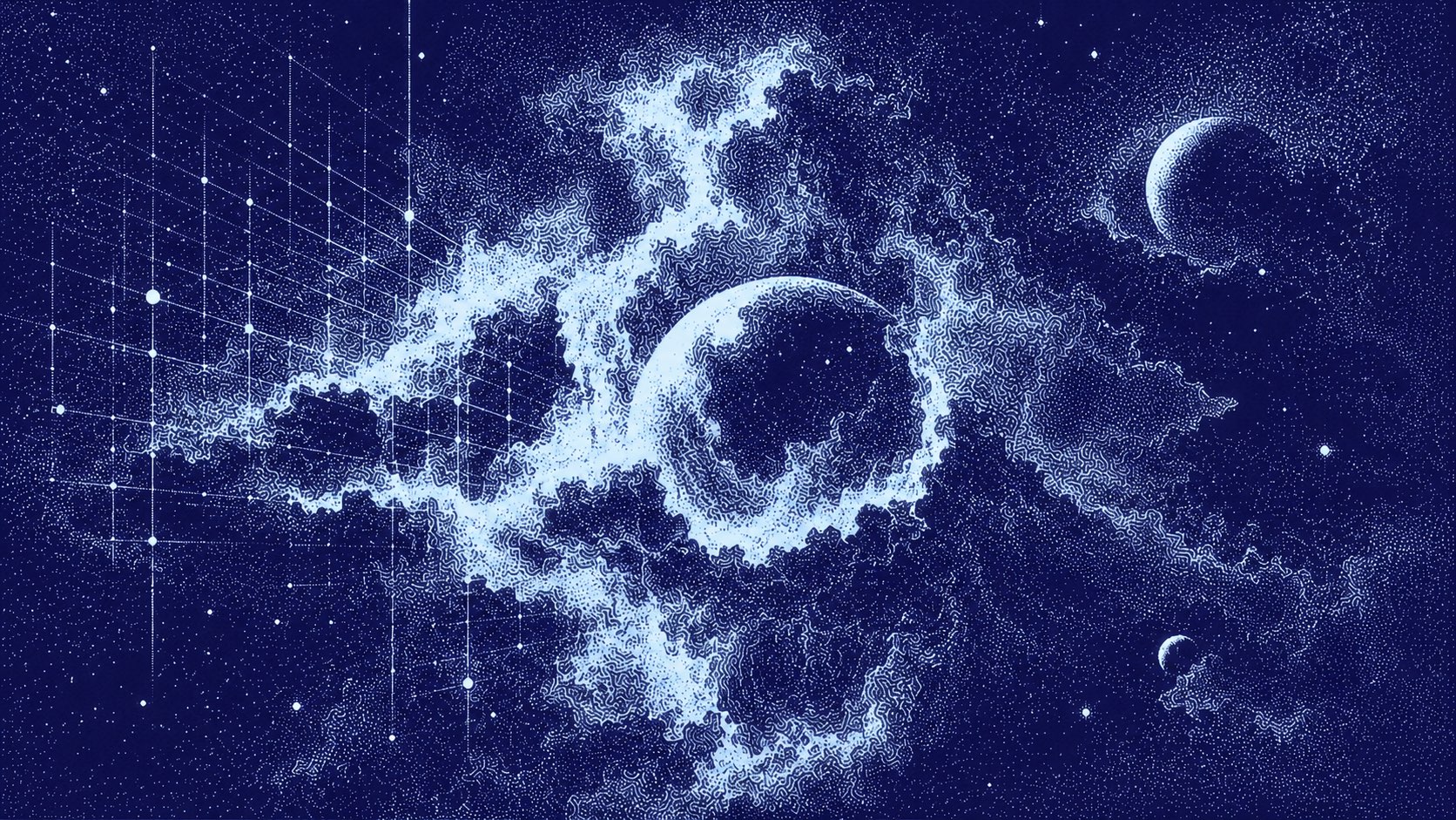 Stippled planets emerging from a nebula over a dotted coordinate grid — sparse evidence scattered across a long timeline.