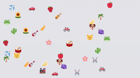 Field of small emoji icons (fruit, animals, instruments, vehicles) scattered across a light background.