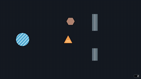 Dark field with drifting shapes (a striped circle, a hexagon, a triangle) passing between paddle bars, with a counter in the corner.
